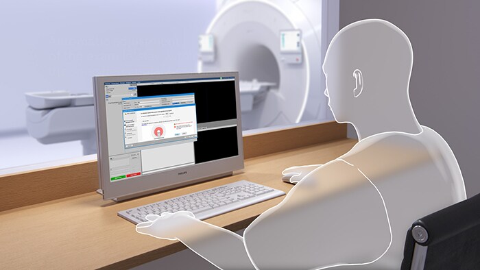 Foto van een arts bij een monitor die beelden beoordeelt, ter illustratie van snelle planning, scannen en verwerken van MRI-beelden