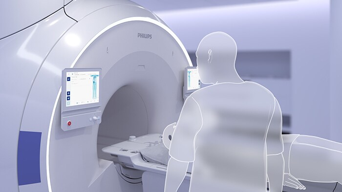 Foto van aanraakpaneelscherm van een MRI-beeldvormingssystemen voor geleide instelling van het onderzoek