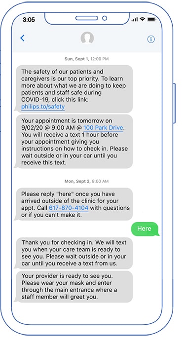 Het mobiele scherm van Philips Patient Manager laat stappen zien die een patiënt begeleiden, te beginnen met de voorbereiding op een afspraak