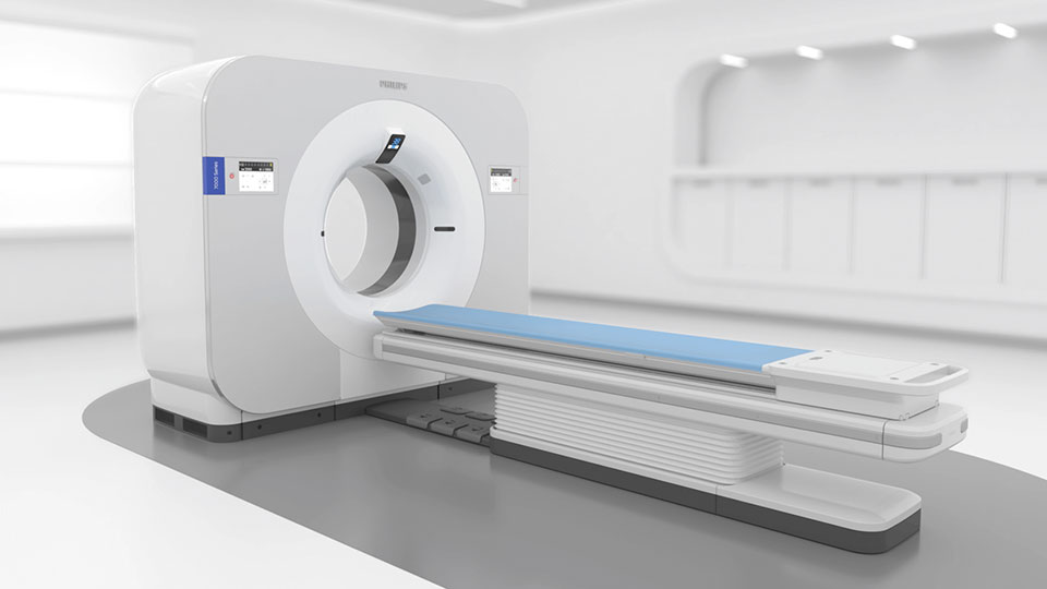 Philips Spectral CT 7500-systeem met bijschriften voor spectrale detector, patiënttafel, tunnel van 80 cm, bediening via touchpaneel op portaal