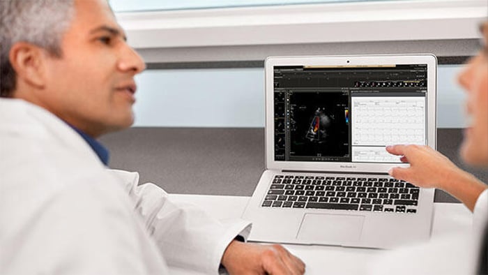Clinici bespreken scan op laptopscherm