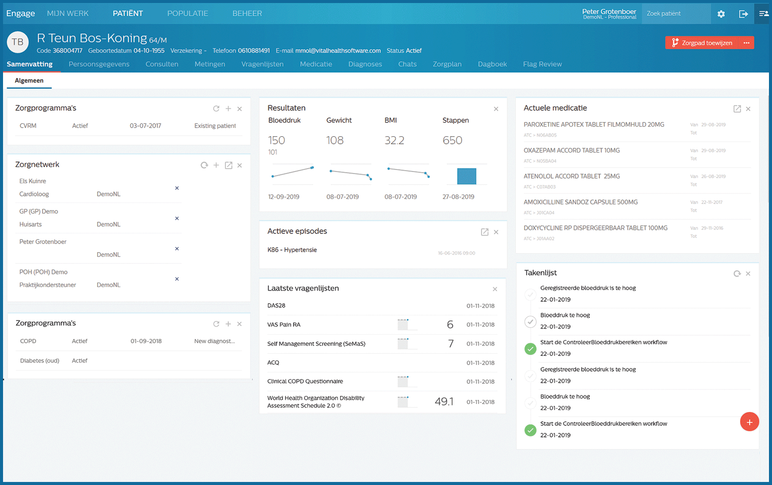 Screenshot van het huisartsendasboard van Provide, een patiëntenportaal voor zelfmanagement