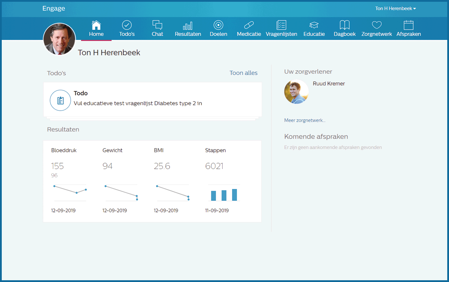 Screenshot van het patientendashboard van Engage, een patiëntenportaal voor zelfmanagement