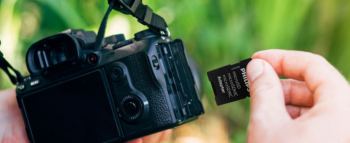 Een persoon die in één hand een camera vasthoudt en in de andere een geheugenkaart, klaar om momenten vast te leggen