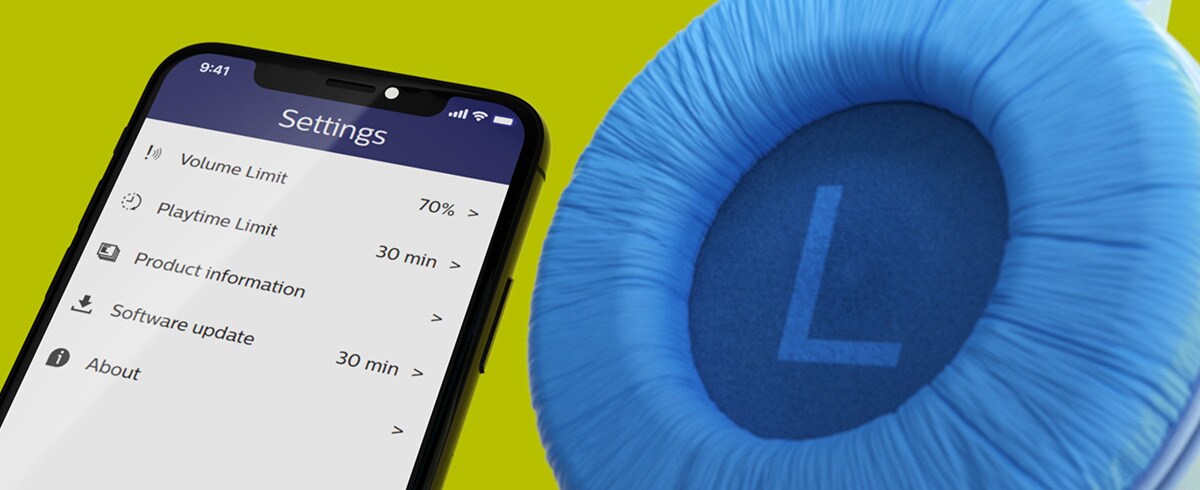 Afbeelding die de Philips Headphones-app toont die wordt gebruikt voor het beperken van het volume en de speeltijd.