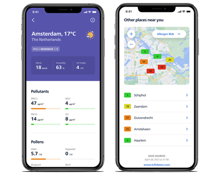 Telefoonschermen met data van buiten in Air+ app