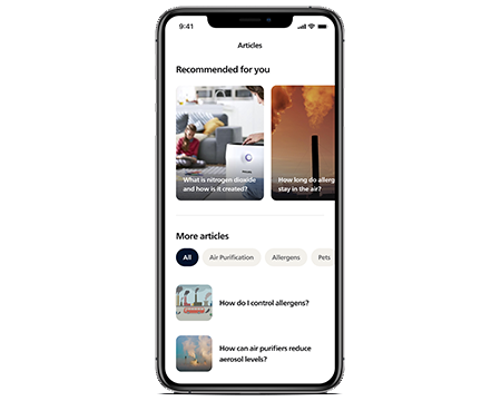 Philips Air+ app-scherm met artikelaanbevelingen