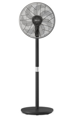 Een hoge witte staande Philips-ventilator uit de 3550 black series die 90 graden kan draaien.