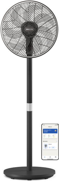 Een staande ventilator van Philips naast minipictogrammen van de Philips Air+-app tegen een lichtblauwe achtergrond.