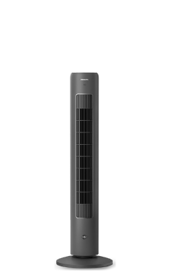 Een hoge zwarte Philips-torenventilator uit de 5000 series met een aromatherapieknop aan de voorzijde