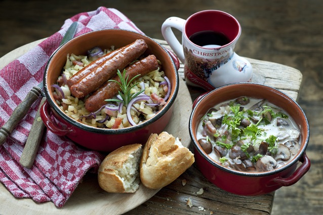 Rosti met spek en Champignons in knoflooksaus