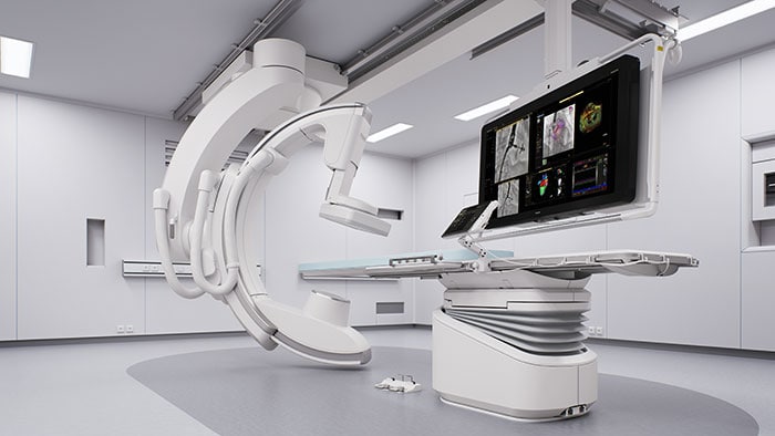 Philips Azurion with FlexArm with screen showing TAVI procedure (opent in een nieuw tabblad)