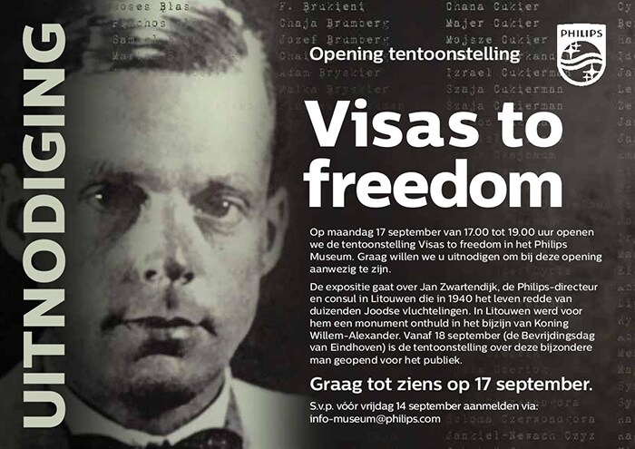  Uitnodiging voor de expositie over Jan Zwartendijk in het Philips Museum