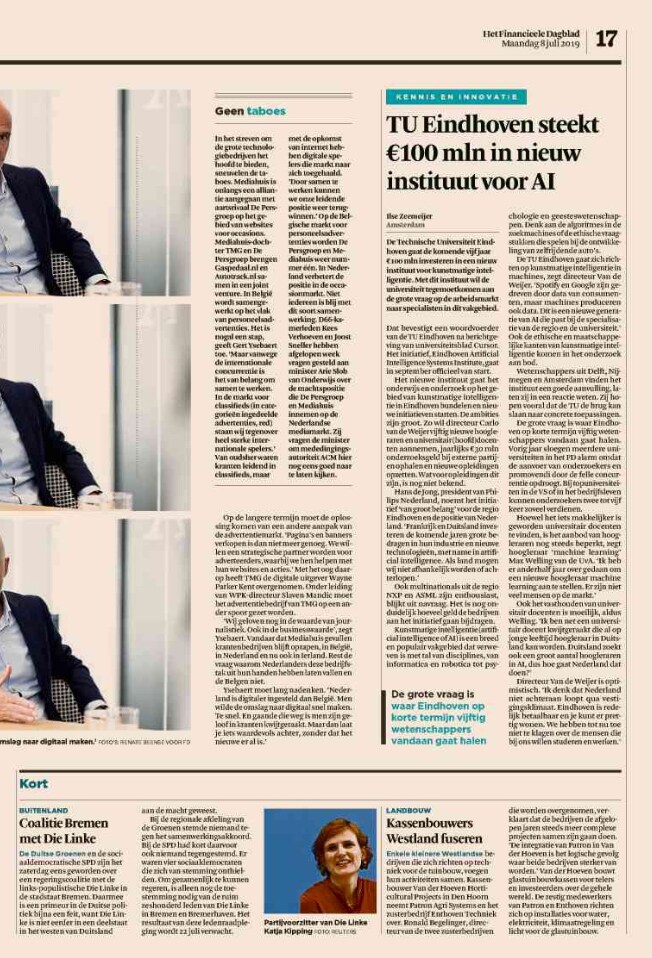 FD TUe steekt 100 mln euro in nieuw instituut voor AI
