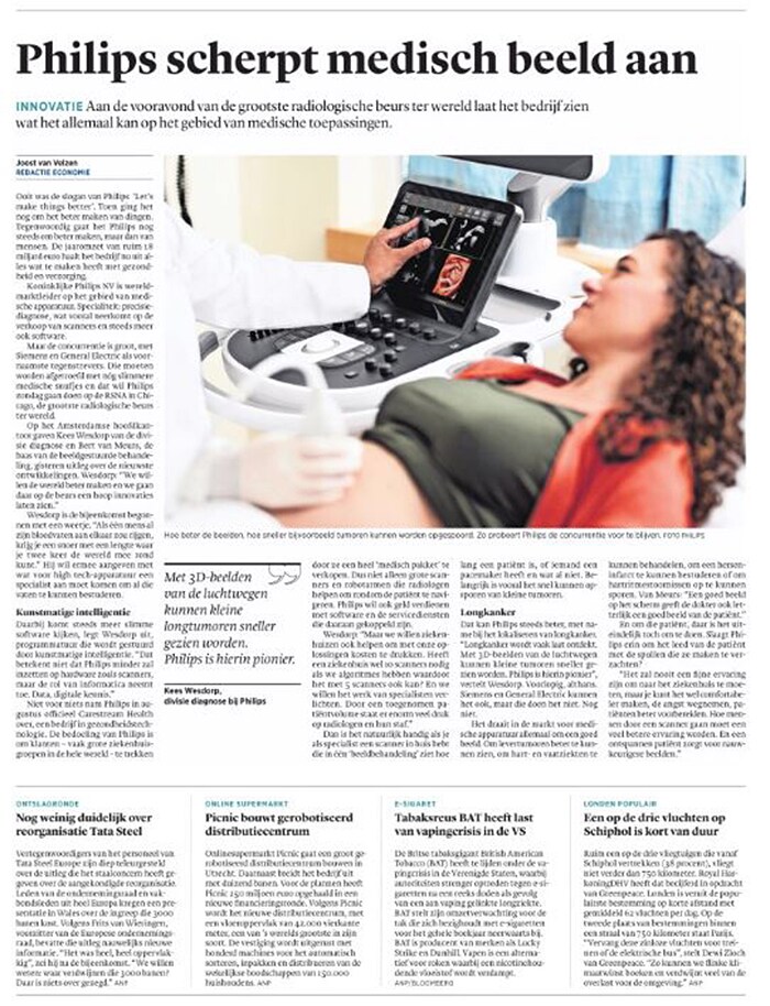 Trouw: “Philips marktleider medische apparatuur: diagnose sneller stellen met 3D-beelden”