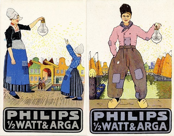 Boeren en boerinnen in klederdracht bepalen tot in de jaren ’20 het beeld van Philips-reclames. Prentbriefkaarten van Raoul Hynckes, 1916. 