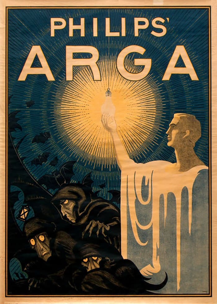 Het licht verjaagt duistere demonen. Ontwerp van politiek tekenaar Albert Hahn, 1917.