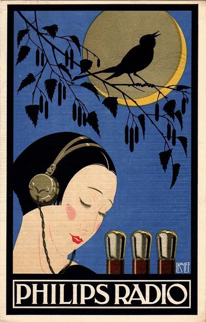 Een Philips-radio evenaart de klank en zuiverheid van een nachtegaal. Louis Kalff, 1927.
