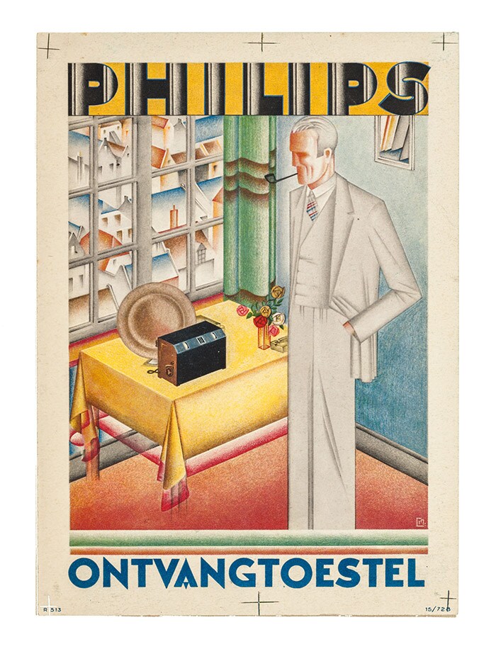 De radio, sieraad van ieder welgesteld interieur, haalt de buitenwereld naar binnen. Mathieu Clement, 1928.